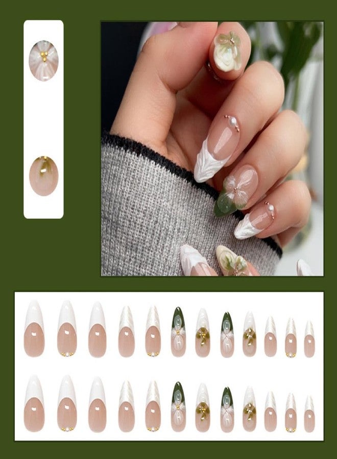 CTTHNBD White French Tip Press on Nails White Medium Almond Fake Nails Green Flower False Nails with 3D Ripple Design Glue on Nails Pearl Full Cover Stick on Nails Ombre Acrylic Nails for Women Manicure 24Pcs - Image 2